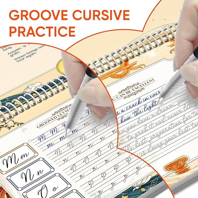 TIME X Grooved Cursive Handwriting Workbook Kit - Cursive Handwriting Workbook for Kids 8-12 and Adults - 3Pcs Magic Reusable Handwriting Workbook with Detachable Quote Postcards - 12.6"x10.6"