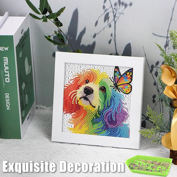 geesfayan Diamond Art Kits for Kids Ages 8-12,6 Inch DIY Gem Art Painting with 7 Inch Frame, Complete Starter Kit for Beginners, Creative Arts & Crafts Gift for Girls & Boys (Butterfly Dog)