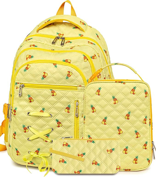Vibrant Pineapple Print Backpack with Lunch Box and Pencil Case for Girls Teens Kids for Age 8-10 10-12 12-14 Kawaii Backpack for Elementary Middle High School Bookbag Mochila Para Niñas