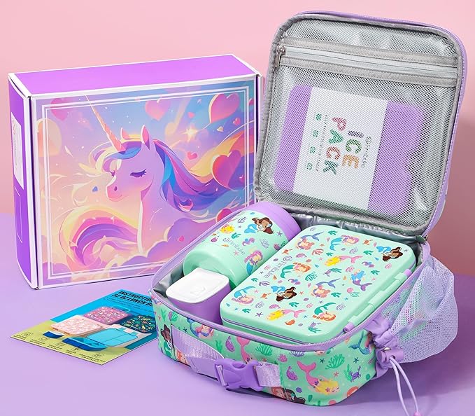 Fimibuke Bento Lunch Box for Kids with Thermos, 3-Compartment 32OZ Snack Lunch Container, Lunch Bag, 12OZ Insulated Food Jar & Ice Pack Set for Age 3-12 School Daycare Toddler Teen Girls Boys, Mermaid