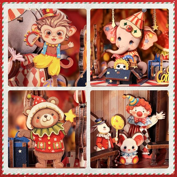 CUTEBEE 3D Puzzles Wooden Theater for Adults - DIY Music Box Rotating Miniature House Kit Model Building Set with LED Light, Home Bookshelf Decor, Unique Birthday Gifts (Animal Carnival)
