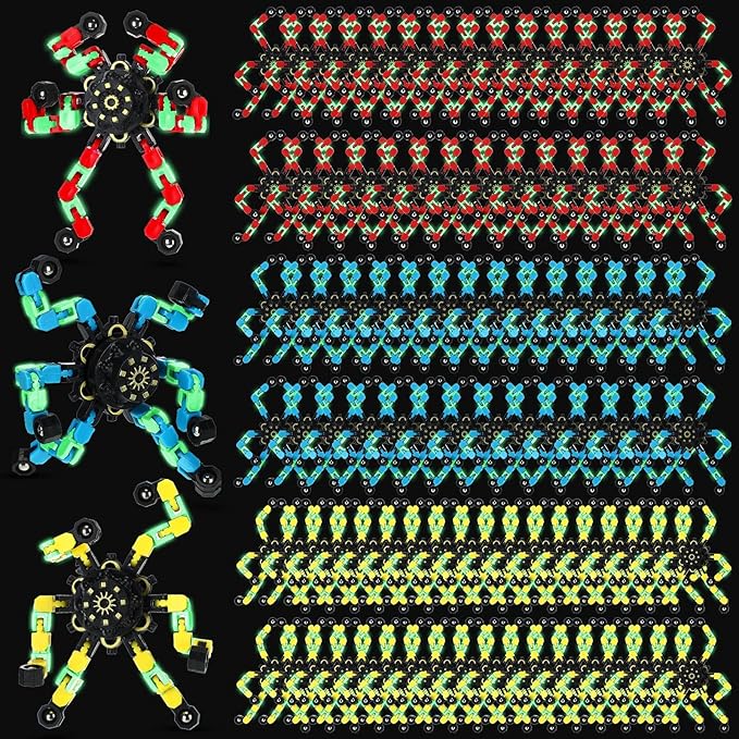 100 Pcs Funny Sensory Fidget Toy Bulk Transformable Chain Robot Finger Toys Fidget Spinners Stress Relief Fingertip Gyro Deformable Mechanical Spiral Spinner for Adult Kids ADHD(Glow)