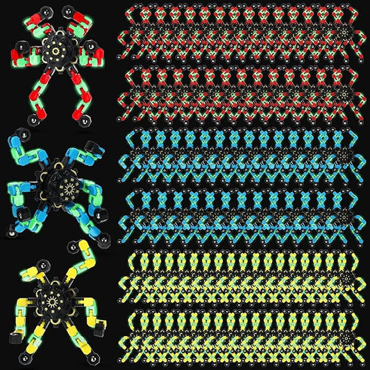 100 Pcs Funny Sensory Fidget Toy Bulk Transformable Chain Robot Finger Toys Fidget Spinners Stress Relief Fingertip Gyro Deformable Mechanical Spiral Spinner for Adult Kids ADHD(Glow)