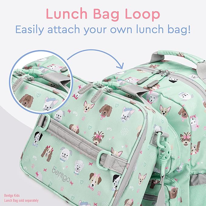 Bentgo Kids Backpack - Lightweight 14” Backpack in Fun Prints for School, Travel, & Daycare, Ideal for Ages 4+, Roomy Interior, Durable & Water-Resistant Fabric, & Loop for Lunch Bag (Puppy Love)