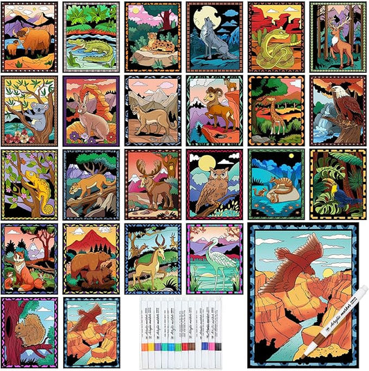 Zhanmai Pack of 48 Velvet Coloring Posters and Watercolor Pens National Parks Fuzzy Velvet Coloring Posters for Adults Teenagers Large Poster for Holiday Arts Crafts