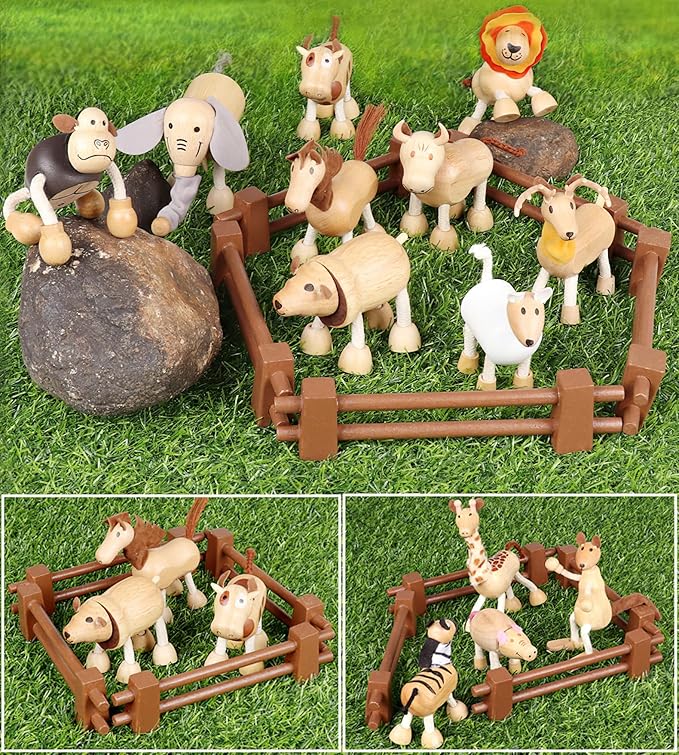 14 Pack Bendable Wooden Animal Toys, Smooth Natural Wood Zoo Farm Jungle Safari Animals Figures, Preschool Learning & Education Toys for Toddlers Kids