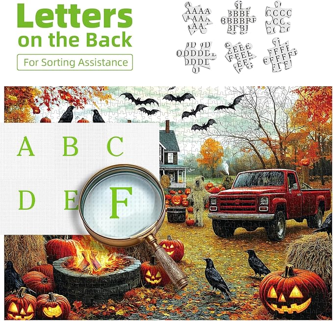 Halloween Scarecrow Haven 1000 Piece Jigsaw Puzzle for Adults Spooky Fall Farmhouse Scene with Jack-O-Lanterns, Ravens & Vintage Truck Challenging Puzzle Game (27.6"x19.7")