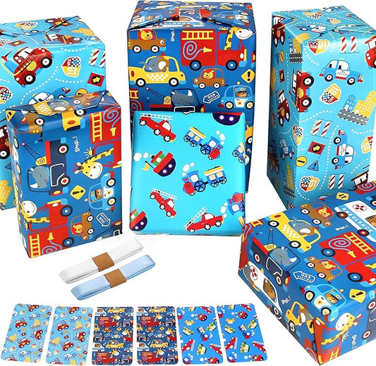 BWLOIES Wrapping Paper for Kids Boys Birthday Wrapping Paper Sheets with Police Car Fire Trucks Crane Ambulance Giraffe Elephant Children Birthday Gift Wrap Set with Tags Ribbion