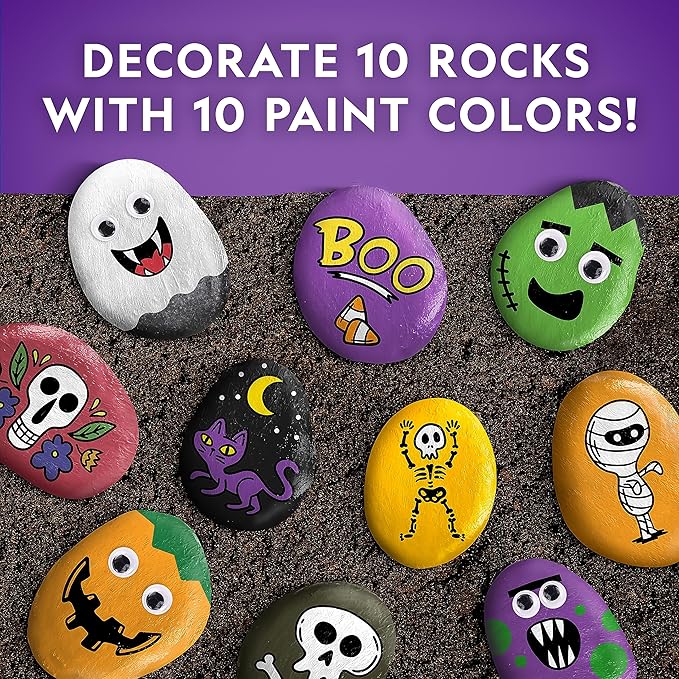 NATIONAL GEOGRAPHIC Creepy Creatures Rock Painting Kit - Halloween Arts & Crafts Kit for Kids, Decorate 10 River Rocks with 10 Paint Colors & More Spooky Art Supplies, Halloween Gifts for Kids