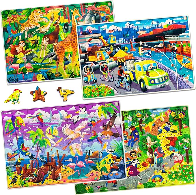 QUOKKA Wooden Kids Puzzles Ages 4-6 – 4 x 60 Piece Puzzles for Kids Ages 4-8 – Wood Toddler Games for 3-5 Year Olds – Cars Ships and Animals Toy for Boys and Girls