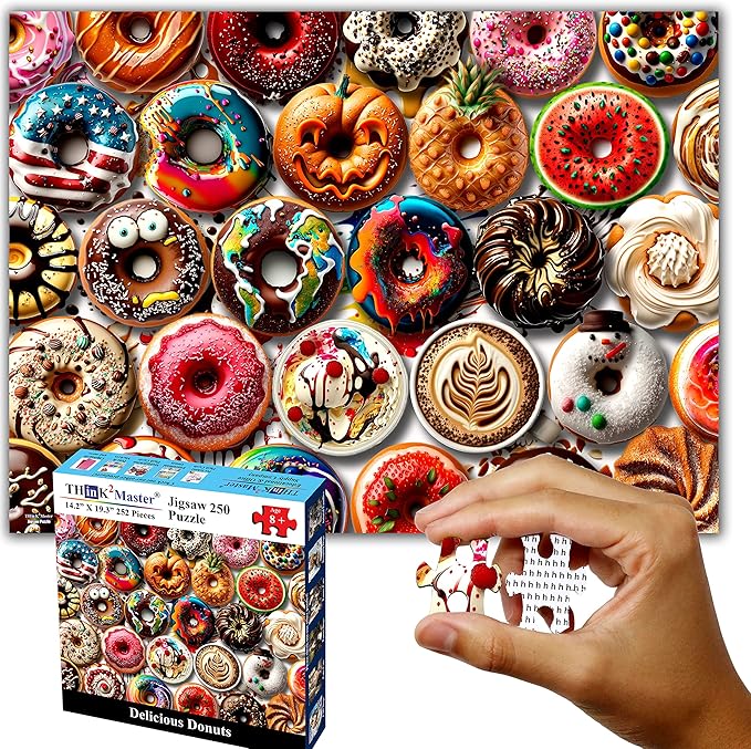 Think2Master Donuts 250 Pieces Jigsaw Puzzle. Perfect White Elephant Gag Gift. Fun Toy for Kids, School & Families.Great Gift for Boys & Girls Ages 8+. Size: 14.2” X 19.3”