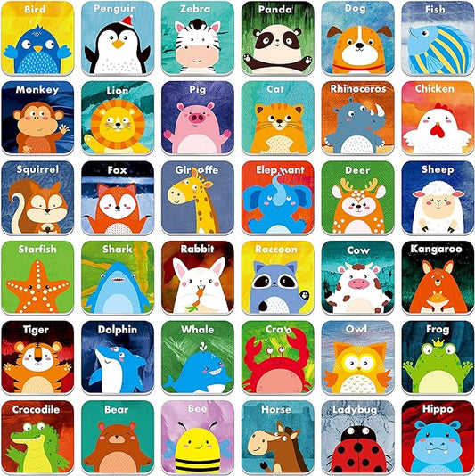 Hebayy 36 Pair Animals Matching Game Cartoon Flash Cards Erasable(72 PCs, Each Measures 2” X 2”)