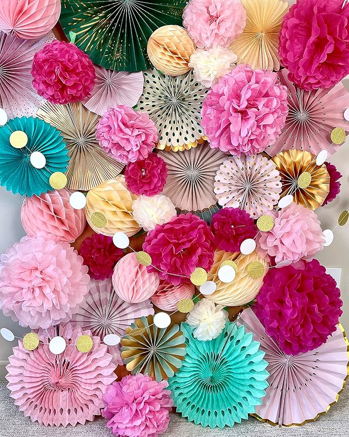 PapaKit Origami Wall Decoration Set (8 Assorted Round Paper Fans) Birthday Party Baby Shower Wedding Events Decor | Creative Art Design Pattern (Sage Green with Metallic Gold Accent)