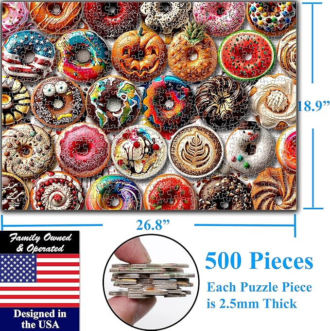 Think2Master Donuts 500 Pieces Jigsaw Puzzle. Perfect White Elephant Gag Gift. Fun for Teens, Seniors & Families. Great Gift for Kids Ages 13+. Size: 26.8” x 18.9”