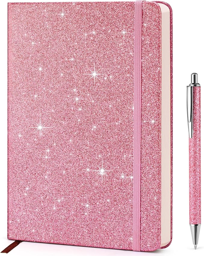 Pink Glitter Notebook, 8.4"x 5.7", 200 Lined Pages, No-Shed Sparkle Journal for Girls & Women, A5 Hardcover Diary for Writing, Birthday Gift for Teen Kids, Trendy Stuff for 6 8 9 10 11 12 Year Old