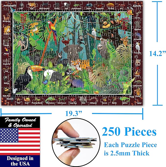 Think2Master Colorful Rainforest Jungle Zoo Animal 250 Pieces Jigsaw Puzzle Fun Educational Toy for Kids, School & Families. Great Gift for Boys & Girls Ages 8+ to Stimulate Learning. 14.2” X 19.3”