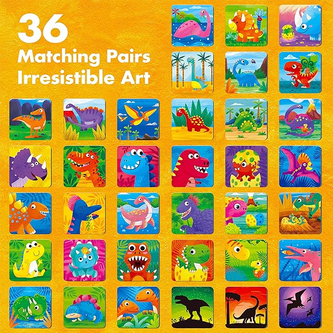 Memory Matching Game, 72 PCS Dinosaurs Matching Cards for Toddlers 36 Pairs Memory Cards Educational Toys for Preschool 4 5 6 Years Old