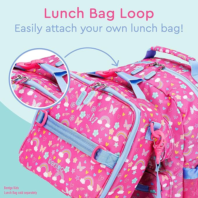 Bentgo Kids Backpack - Lightweight 14” Backpack in Fun Prints for School, Travel, & Daycare, Ideal for Ages 4+, Roomy Interior, Durable & Water-Resistant Fabric, & Loop for Lunch Bag (Rainbows)