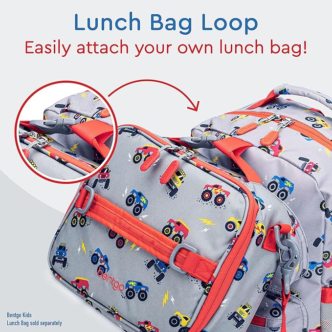 Bentgo Kids Backpack - Lightweight 14” Backpack in Fun Prints for School, Travel, & Daycare, Ideal for Ages 4+, Roomy Interior, Durable & Water-Resistant Fabric, & Loop for Lunch Bag (Trucks)
