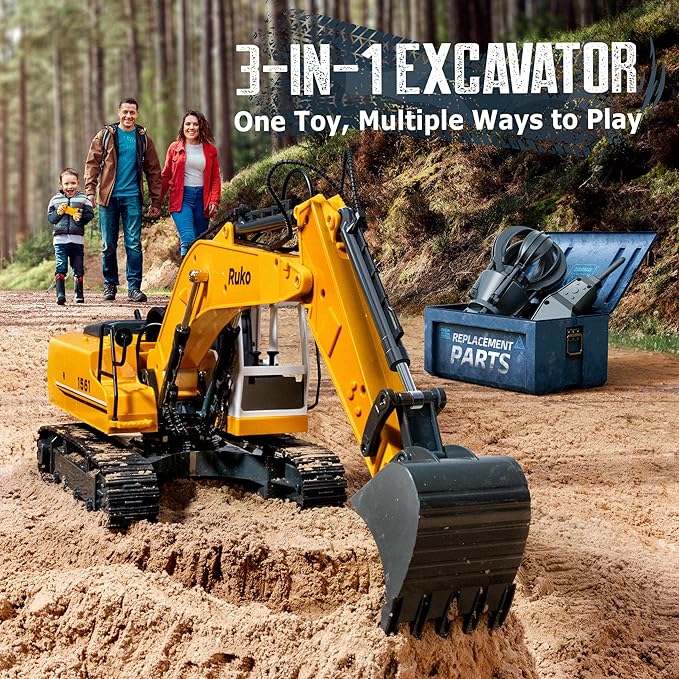 Ruko 1561 RC Excavator 3 in 1 Construction Toys for Boys, 17 Channel Remote Control Vehicles with Grab Alloy Shovel Drill, Realistic Lights & Sounds Digger Sandbox Gifts for 6-14 Years Kids Adults