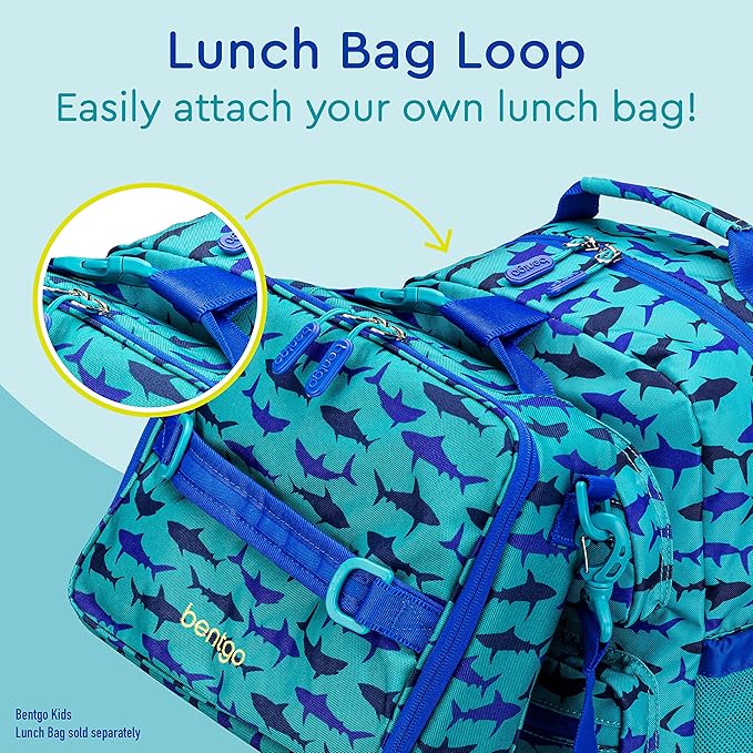 Bentgo Kids Backpack - Lightweight 14” Backpack in Fun Prints for School, Travel, & Daycare, Ideal for Ages 4+, Roomy Interior, Durable & Water-Resistant Fabric, & Loop for Lunch Bag (Shark)