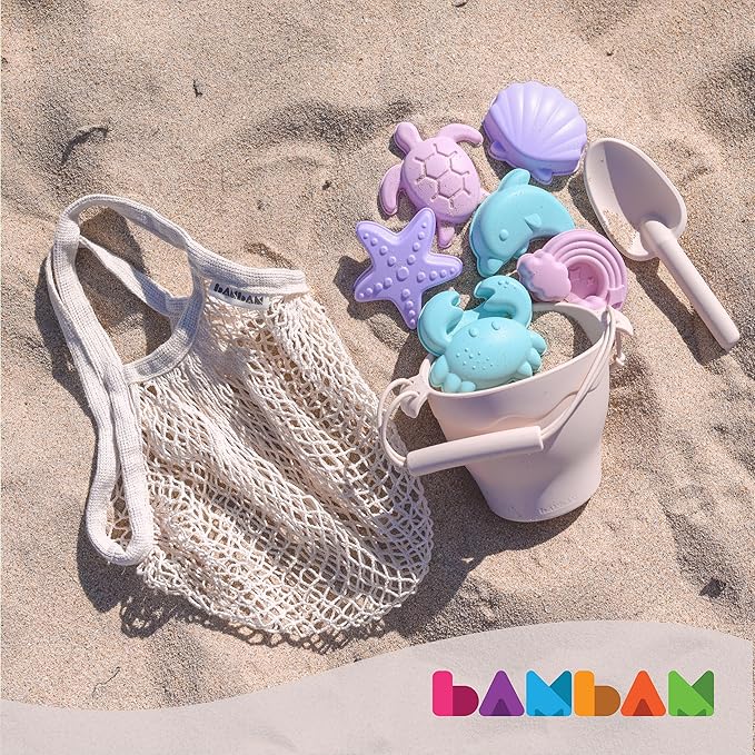 BamBam Baby โ Premium Silicone Beach Toys for Toddlers & Baby | 100% BPA Free, Safety Tested | 8 Piece Sand Bucket Set for Ages 6 Months and Up - (Blissful Pink)