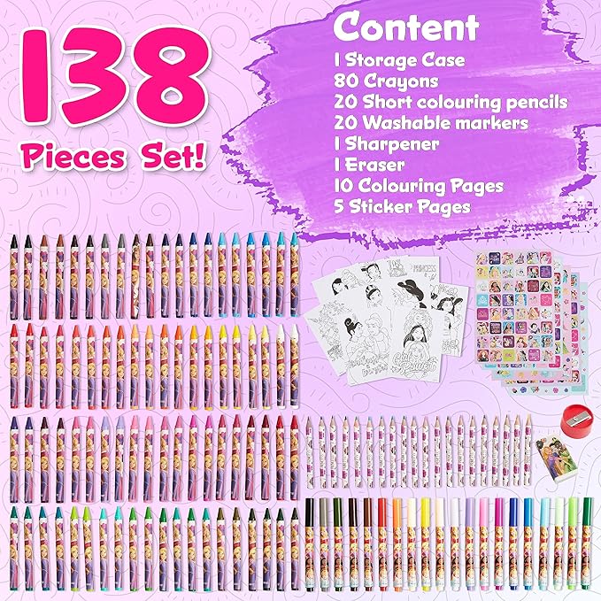 Disney Stitch Colored Pencils Art Supplies Kids Drawing Kit School Supplies Crayons Markers Coloring Sheets Art Kit Gifts for Kids Girls (Multi Princess Set)