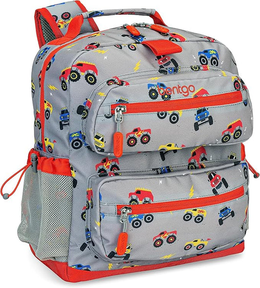 Bentgo Kids Backpack - Lightweight 14” Backpack in Fun Prints for School, Travel, & Daycare, Ideal for Ages 4+, Roomy Interior, Durable & Water-Resistant Fabric, & Loop for Lunch Bag (Trucks)