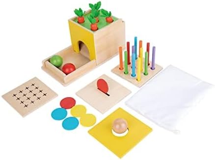 Adena Montessori 5 in 1 Wooden Montessori Play Kit Baby Toys,Object Permanence Box,Matchstick Color Drop,Cotton Swab Drop Game,Carrot Harvest and Coin Box for Kid 1 Year Old,Gift for Baby 6-12 Month