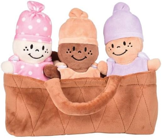 Creative Minds Basket of Babies with 3 Super Soft 9" Plush Doll Toys for Babies and Kids, Plush Multicultural Sensory Babies Toy Set with Basket, Orange, Purple, Pink