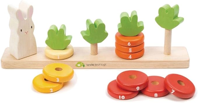 Tender Leaf Toys - Counting Carrots - Wooden Ring Stacker - Educational Toy for Early Learning, Counting, Color Sorting, and Hand-Eye Coordination - Montessori Inspired Toy for Kids - Age 18 Month+