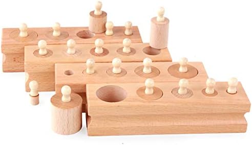 Adena Montessori Wooden Small Cylinders Block,Knobbed Cylinder Socket,Montessori Materials Wooden Cylinders Ladder Blocks,Sensorial Educational Tools Preschool Early Learning Toys for Kids (Set of 4)