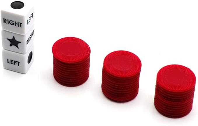 Left Right Center Dice Game Set with 3 Dices + 36 Red Chips (Red)