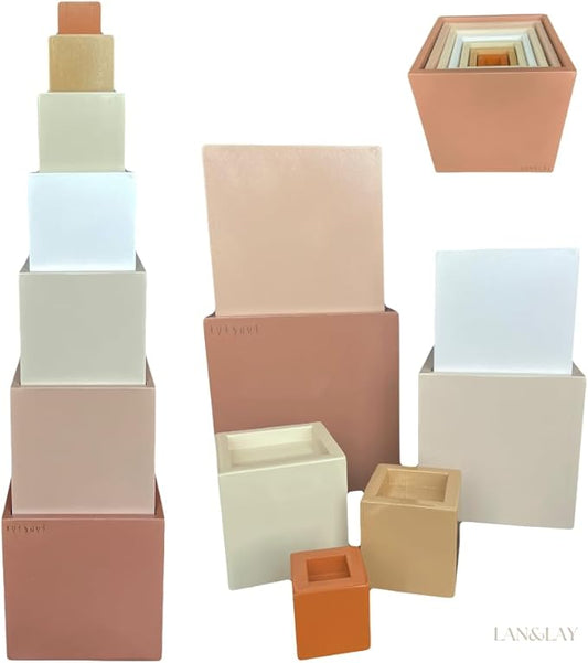 Wood Stacking Blocks for Toddlers 1-3 | LAN&Lay Durable Building Blocks | Wooden Educational Toys, Neutral