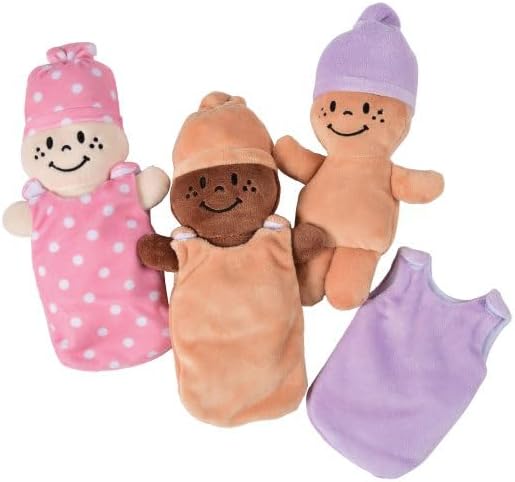Creative Minds Basket of Babies with 3 Super Soft 9" Plush Doll Toys for Babies and Kids, Plush Multicultural Sensory Babies Toy Set with Basket, Orange, Purple, Pink