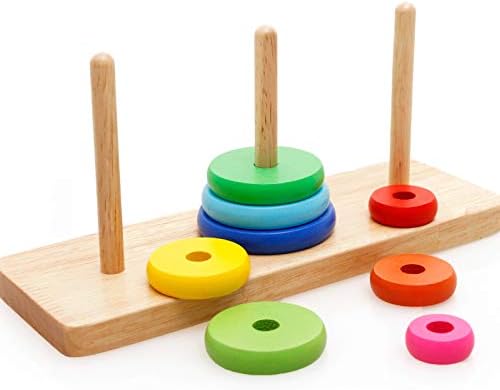 Wooden Tower of Hanoi Intellectual Toy Brain Teaser 8 Rings Hanoi Tower