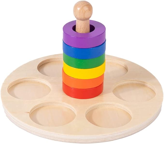 Adena Montessori Wooden Stacking and Sorting Ring,Wooden 6 Rings on Peg,Wooden Rainbow Stacking Rings Baby Toy, Stacker Toys for Infants and Toddlers,Wood Educational Developmental Toy Multicolor