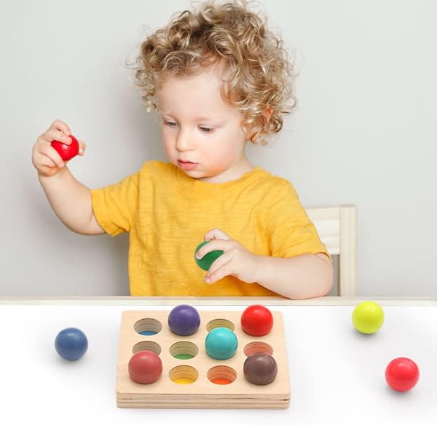 ibwaae Wooden Color Sorting Balls Game Peg Board Rainbow Color Matching Toys 12 Pcs Activities Balls Montessori Toys for Toddlers
