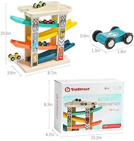 TOP Bright Toddler Wooden Race Track Car Ramp Toys for 1 2 Year Old Baby Motor Skills Race Tracks Car Ramp Vehicle Playsets with 4 Mini Cars and 1 Car Garage