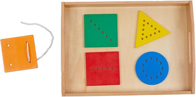 Adena Montessori Toys Threading Game Colorful Lacing Wooden Shapes with Tray for 1 2 3 Years Old Baby