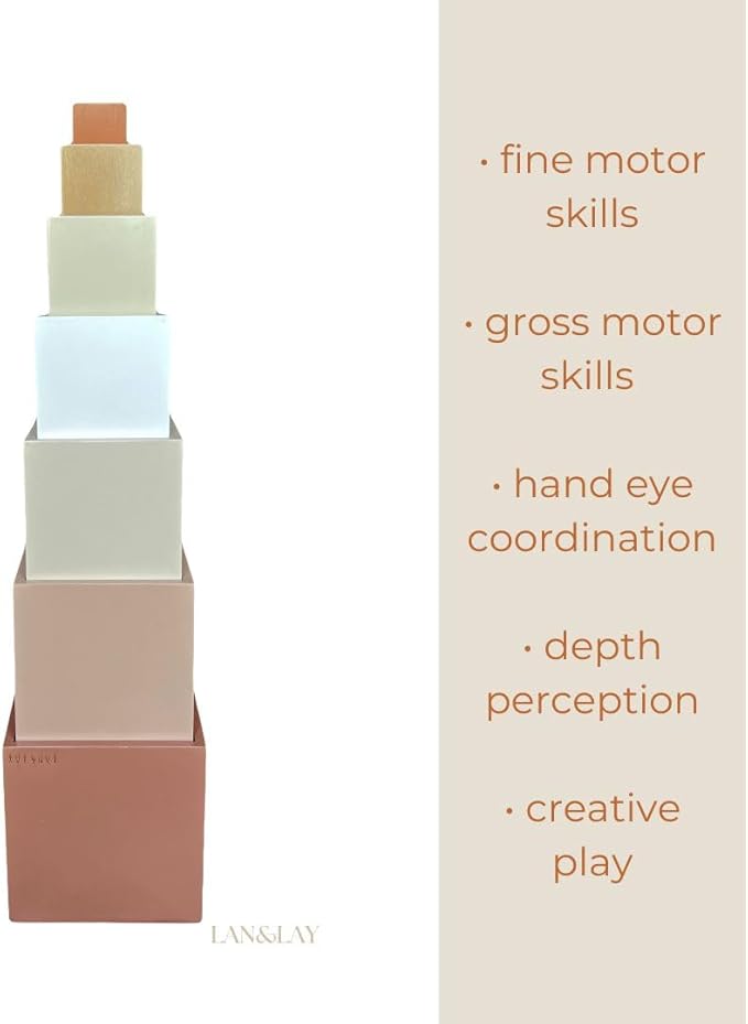 Wood Stacking Blocks for Toddlers 1-3 | LAN&Lay Durable Building Blocks | Wooden Educational Toys, Neutral