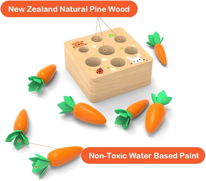 Montessoritoys for 1 Year Old, Wooden Toys Developmental Shape Sorting & Matching Puzzle Carrots Harvest Game, Birthday Gifts for Toddlers Babies Boys and Girls 6-12 Months Christmas