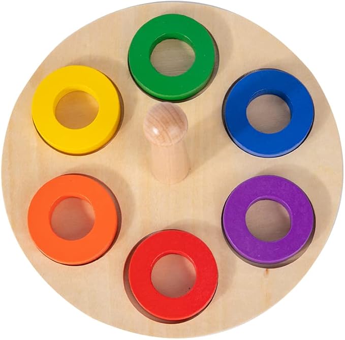 Adena Montessori Wooden Stacking and Sorting Ring,Wooden 6 Rings on Peg,Wooden Rainbow Stacking Rings Baby Toy, Stacker Toys for Infants and Toddlers,Wood Educational Developmental Toy Multicolor