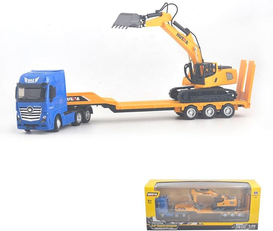 Flattrailer Heavy Duty Semi Trailer Tractor Truck w/ Excavator - Metal Construction Vehicle Toy for Kids