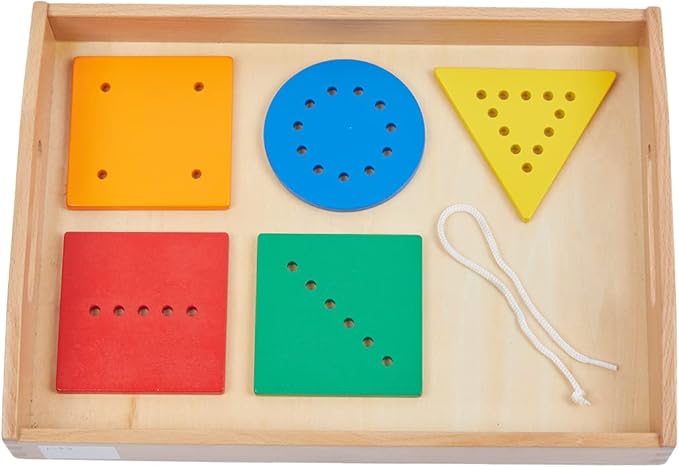 Adena Montessori Toys Threading Game Colorful Lacing Wooden Shapes with Tray for 1 2 3 Years Old Baby