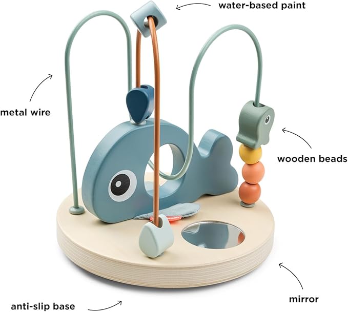 Done by Deer Wally Bead Maze - Educational Toy for Kids - Ocean Blue Theme - Fine Motor Skill Development - Whale & Underwater Elements - Soft Crinkling Fabric on Fins - Small Mirror - Sturdy Base
