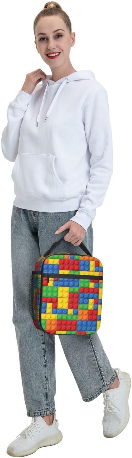 Colorful Bricks Reusable Lunch Box Food Bag Insulated Lunch Bag for Teenage Boys Girls School Beach