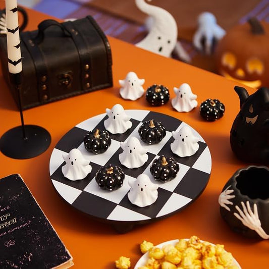 WDS WONDROUS Halloween Decor Tic Tac Toe Game Set with Cute 3D Resin Pumpkin&Ghost Pieces, 9.88" Round Wood Checker Board, Fun Coffee Table Decoration, Indoor Home Decor for Party, Gift,Black&White