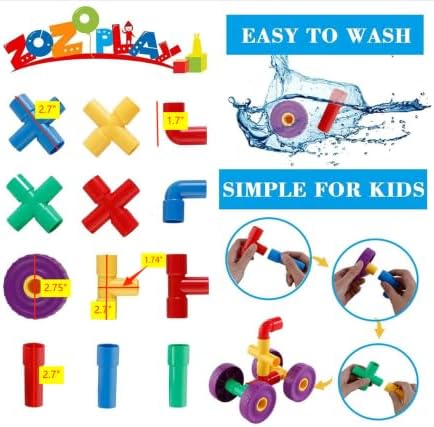 ZOZOPLAY STEM Learning Toy Tubular Pipes & Spouts & Joints 64 Piece Build Bicycle, Tank, Scootie, Moter Skills Endless Designs Educational Building Blocks Set for Kid Ages 3+ Multicolor