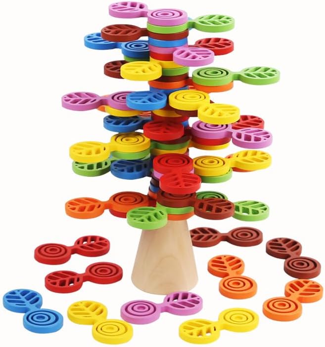 Wooden Colorful Stacking Tree Toy, Building Blocks for Kids Boys and Girls, 56 PCs Wood Balancing Blocks Montessori Toy Gift for Kids Age 3+